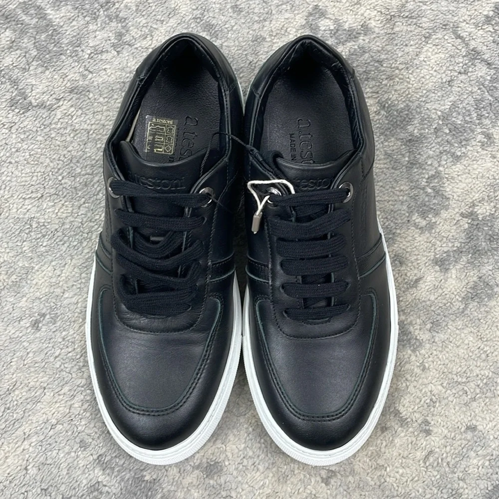 New A Testoni Black Leather Low Top Sneakers Lace Up Sz 37